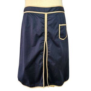 Tory Burch Navy Cotton Short/Knee Skirt Sz 10 Beige Trim Inverted Pleat Stretch